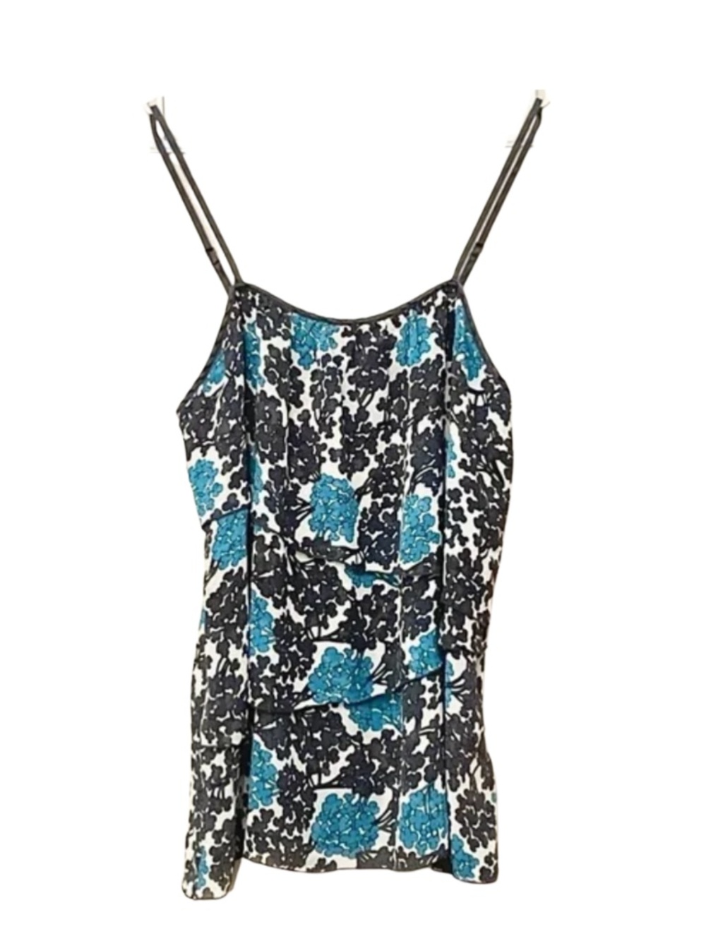 *Silk* Vintage Jacob Grey & Blue Floral Tiered Ruffle Camisole – Size Small EUC